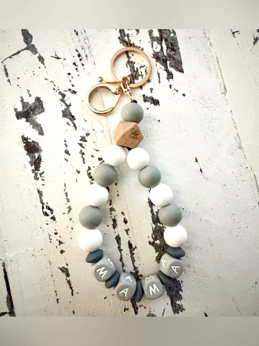 Mama Beaded Keychain Wristlet in Sage, White & Gray